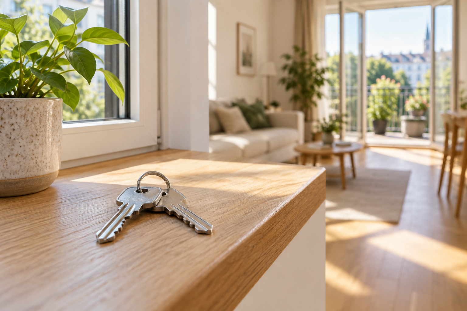 Wohnungsschlüssel auf einer Fensterbank in einem hellen Zuhause